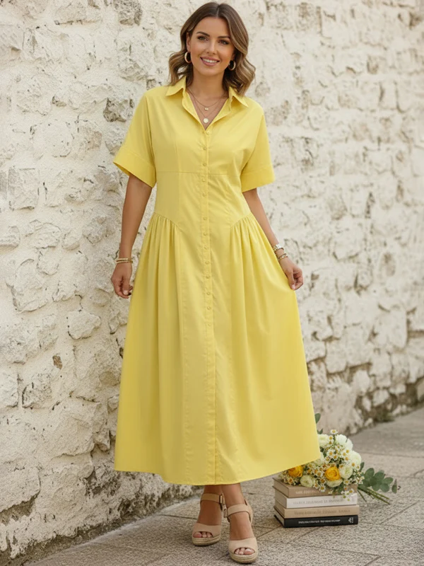 Loose Short Sleeves Buttoned Pleated Solid Color Lapel Collar Midi Dresses Shirt Dress - Image 4
