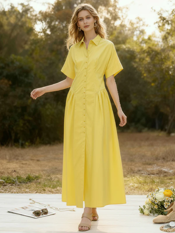 Loose Short Sleeves Buttoned Pleated Solid Color Lapel Collar Midi Dresses Shirt Dress - Image 5