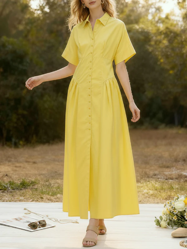 Loose Short Sleeves Buttoned Pleated Solid Color Lapel Collar Midi Dresses Shirt Dress - Image 6