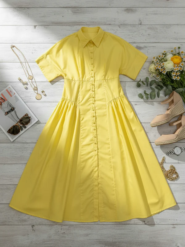 Loose Short Sleeves Buttoned Pleated Solid Color Lapel Collar Midi Dresses Shirt Dress - Image 7