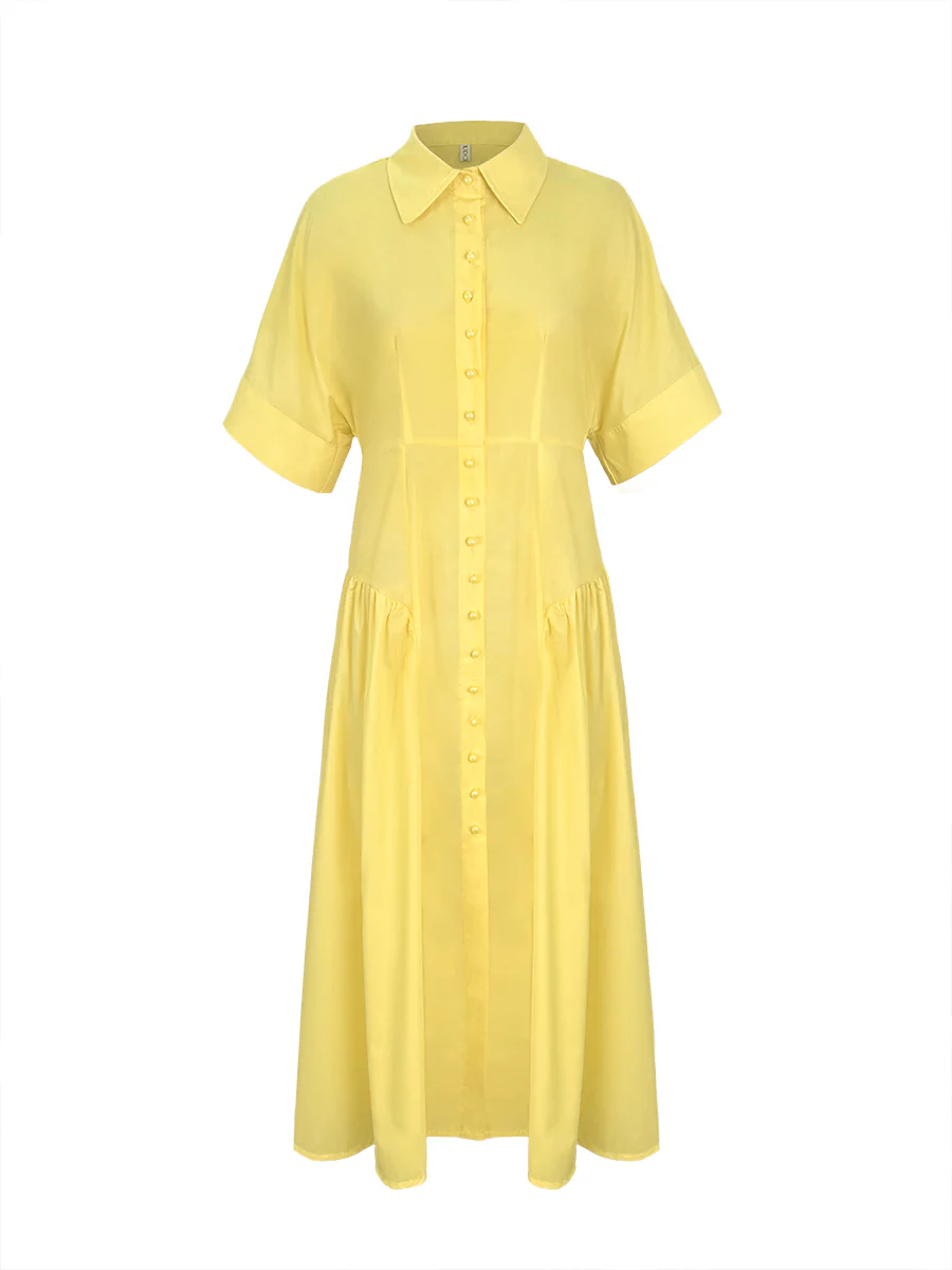 Loose Short Sleeves Buttoned Pleated Solid Color Lapel Collar Midi Dresses Shirt Dress - Image 9