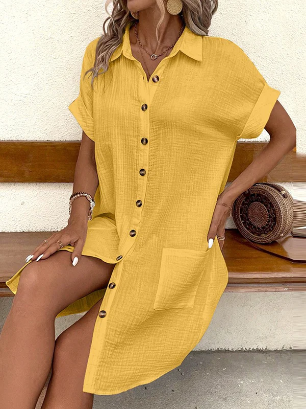 Loose Short Sleeves Buttoned Pockets Lapel Mini Dresses - Image 10