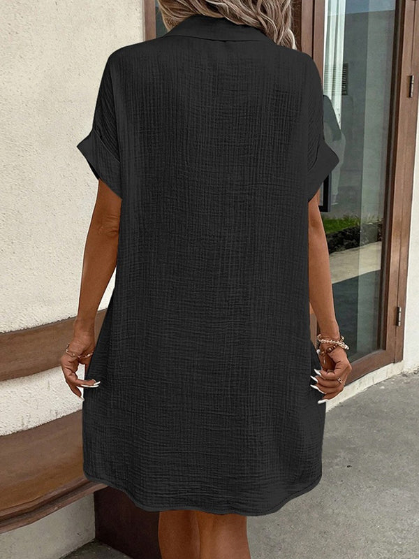 Loose Short Sleeves Buttoned Pockets Lapel Mini Dresses - Image 13