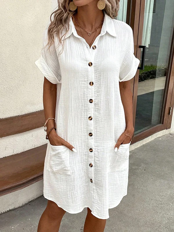 Loose Short Sleeves Buttoned Pockets Lapel Mini Dresses - Image 7