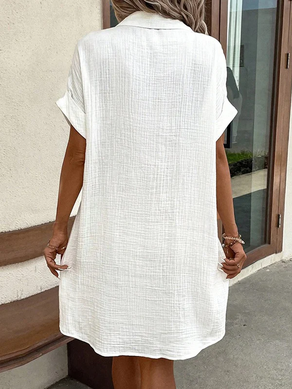 Loose Short Sleeves Buttoned Pockets Lapel Mini Dresses - Image 9