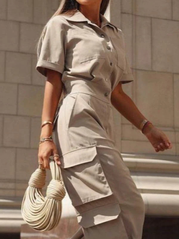 Loose Short Sleeves Buttoned Pockets Solid Color Lapel Jumpsuits - Image 2