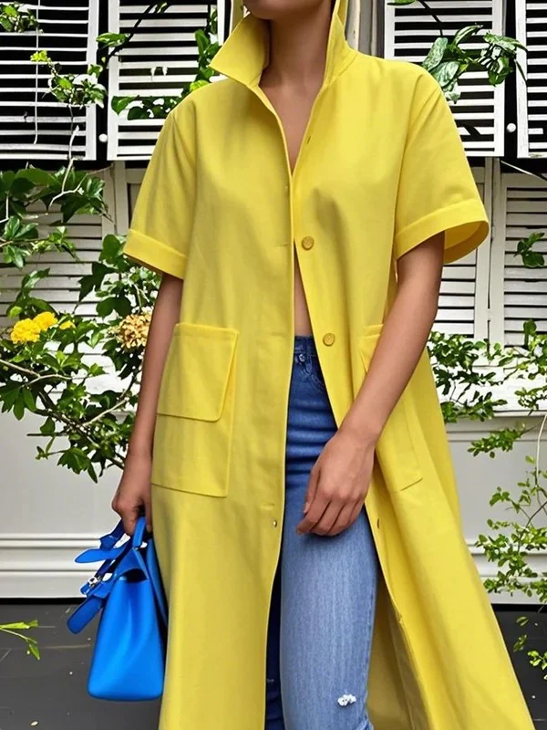 Loose Short Sleeves Buttoned Pockets Solid Color Stand Collar Blouse Outerwear Midi Dress - Image 2