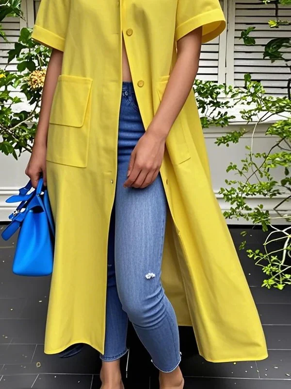 Loose Short Sleeves Buttoned Pockets Solid Color Stand Collar Blouse Outerwear Midi Dress - Image 3