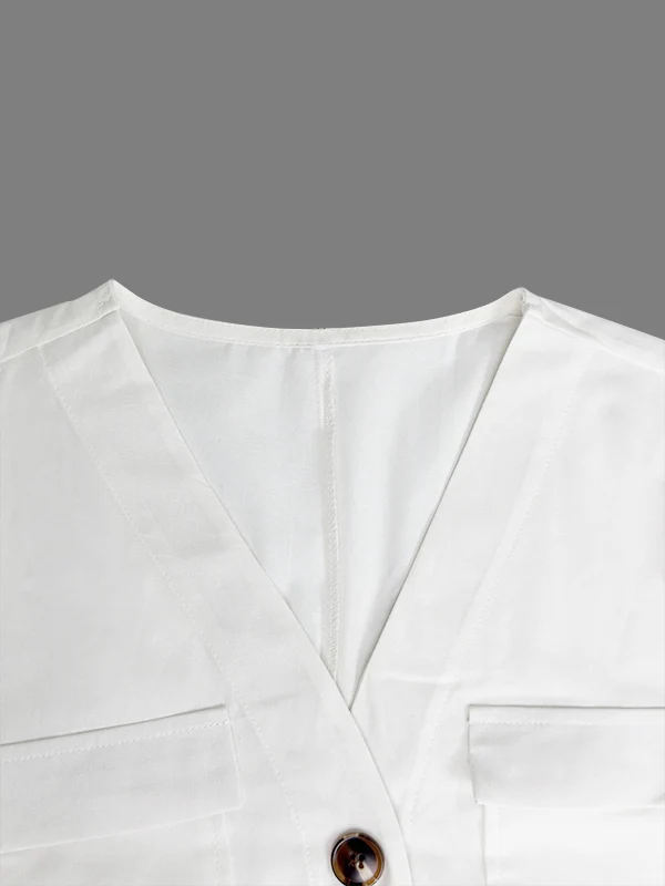 Loose Short Sleeves Buttoned Pockets Solid Color V-Neck Jumpsuits - Image 12