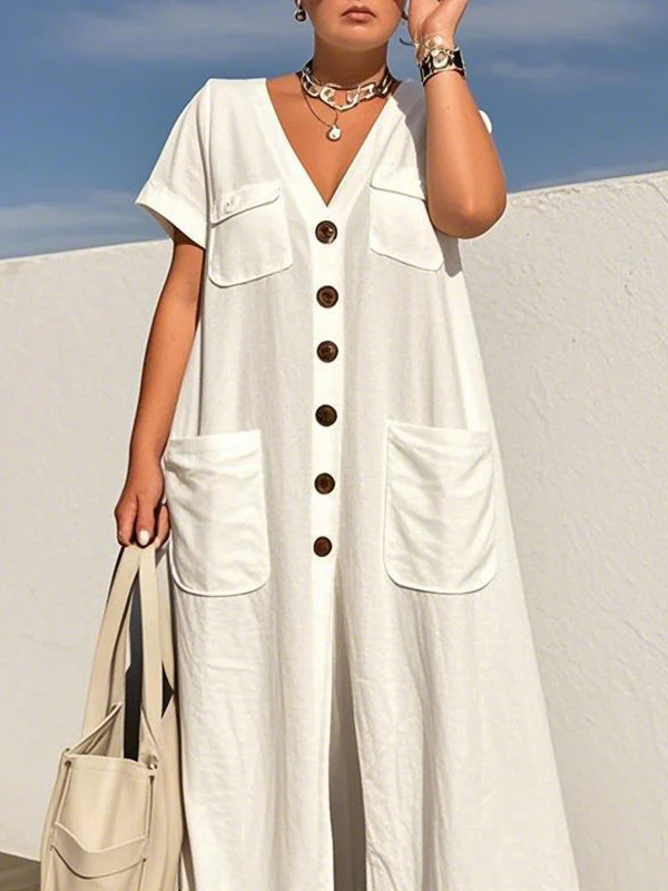 Loose Short Sleeves Buttoned Pockets Solid Color V-Neck Jumpsuits - Image 2