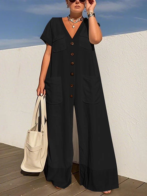 Loose Short Sleeves Buttoned Pockets Solid Color V-Neck Jumpsuits - Image 3