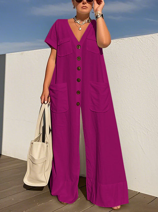 Loose Short Sleeves Buttoned Pockets Solid Color V-Neck Jumpsuits - Image 4