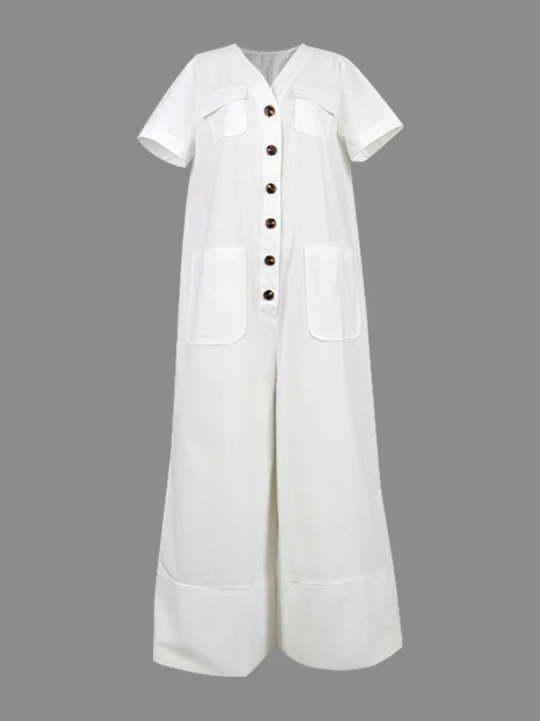 Loose Short Sleeves Buttoned Pockets Solid Color V-Neck Jumpsuits - Image 8