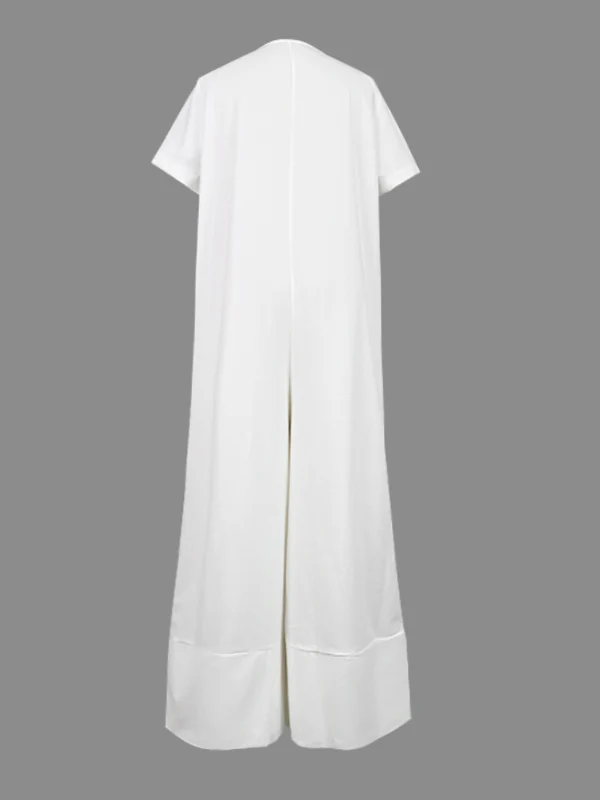 Loose Short Sleeves Buttoned Pockets Solid Color V-Neck Jumpsuits - Image 9