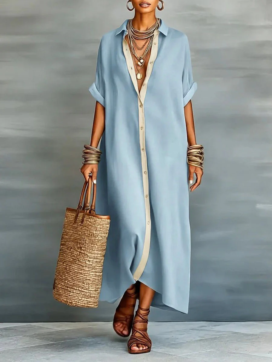 Loose Short Sleeves Buttoned Pockets Split-Joint Lapel Maxi Dresses - Image 2