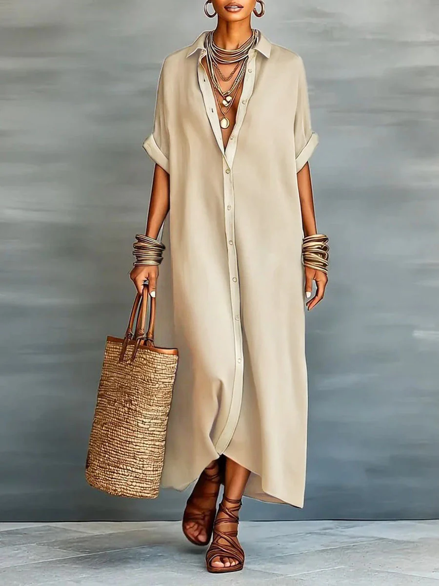 Loose Short Sleeves Buttoned Pockets Split-Joint Lapel Maxi Dresses - Image 3