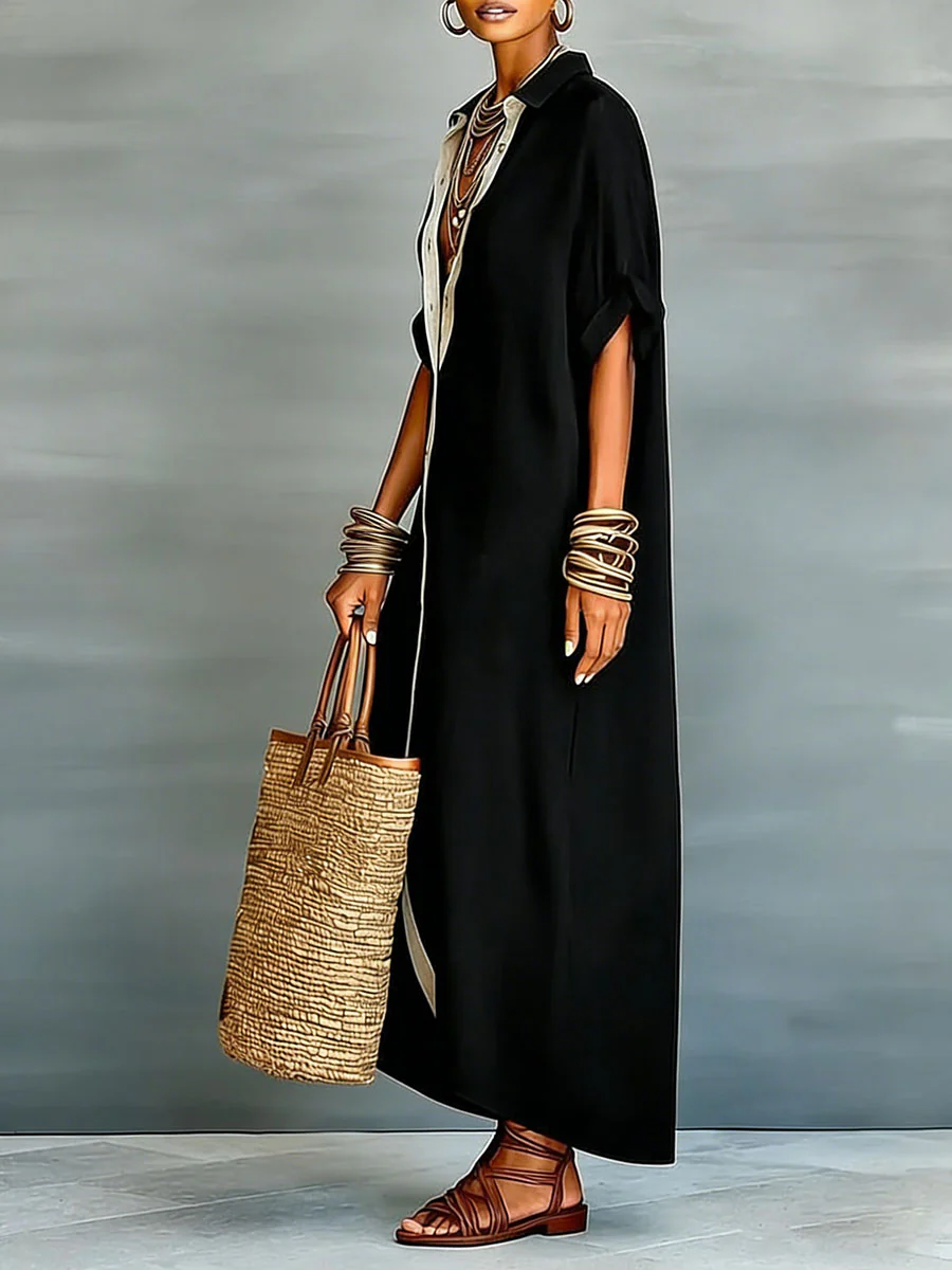 Loose Short Sleeves Buttoned Pockets Split-Joint Lapel Maxi Dresses - Image 4