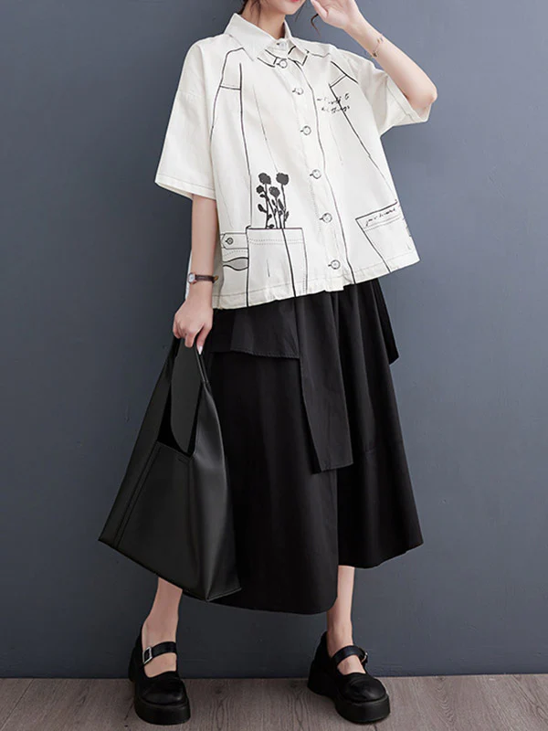 Loose Short Sleeves Buttoned Printed Lapel Blouses&Shirts Tops - Image 10