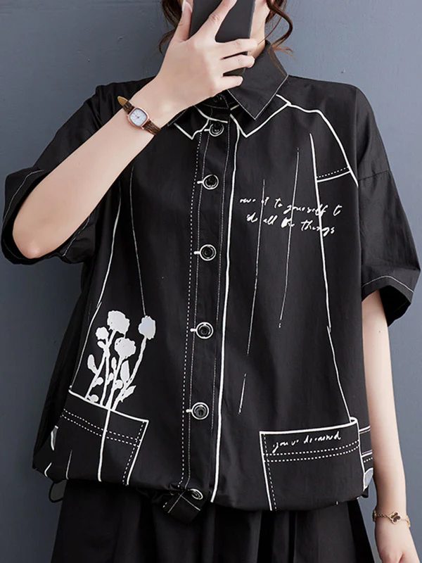 Loose Short Sleeves Buttoned Printed Lapel Blouses&Shirts Tops - Image 11