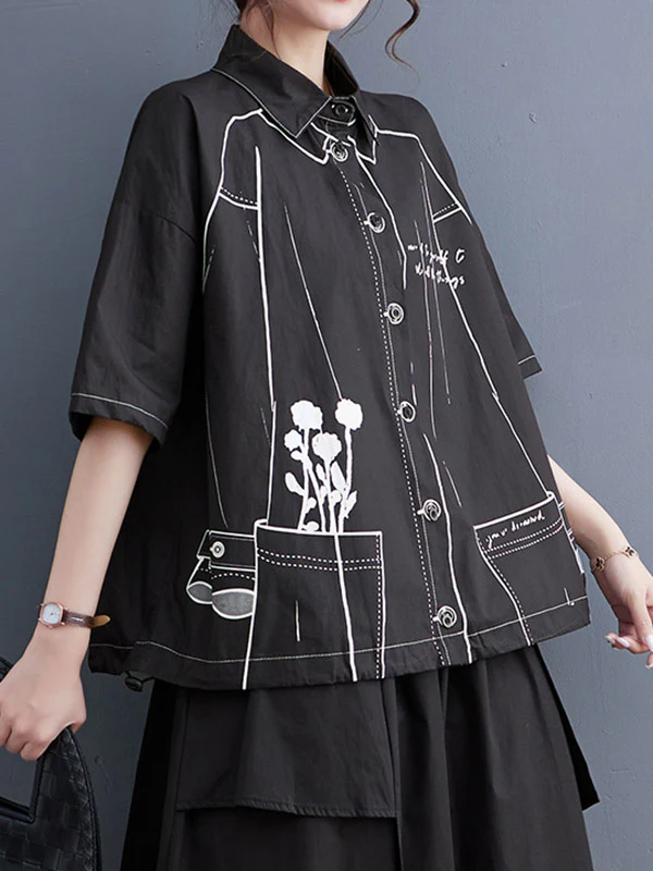 Loose Short Sleeves Buttoned Printed Lapel Blouses&Shirts Tops - Image 12