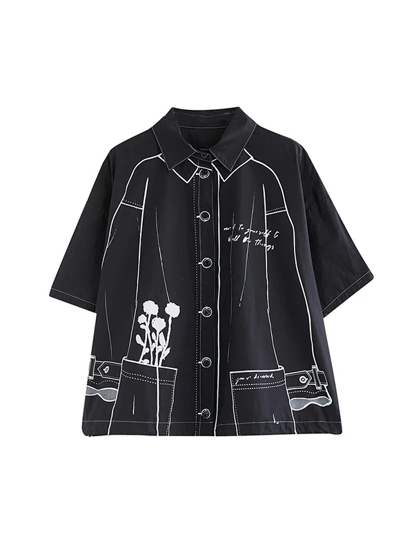 Loose Short Sleeves Buttoned Printed Lapel Blouses&Shirts Tops - Image 14