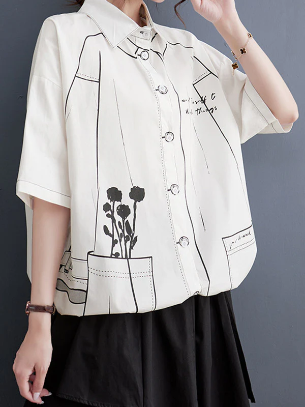 Loose Short Sleeves Buttoned Printed Lapel Blouses&Shirts Tops - Image 2