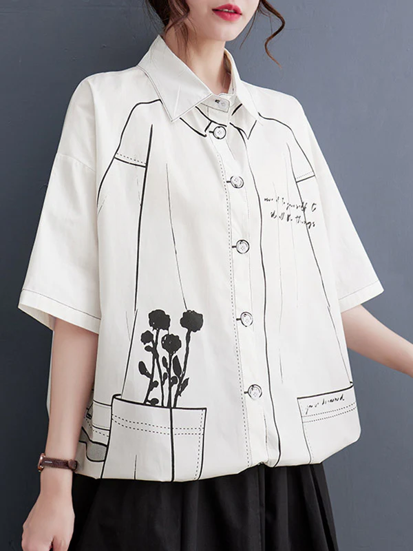 Loose Short Sleeves Buttoned Printed Lapel Blouses&Shirts Tops - Image 3