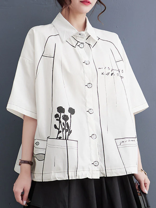 Loose Short Sleeves Buttoned Printed Lapel Blouses&Shirts Tops - Image 4