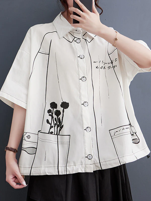 Loose Short Sleeves Buttoned Printed Lapel Blouses&Shirts Tops - Image 5