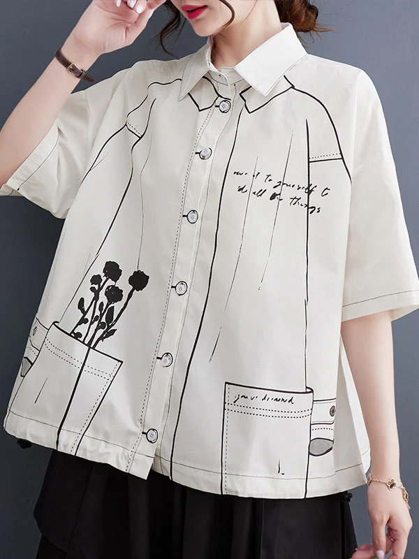 Loose Short Sleeves Buttoned Printed Lapel Blouses&Shirts Tops - Image 6