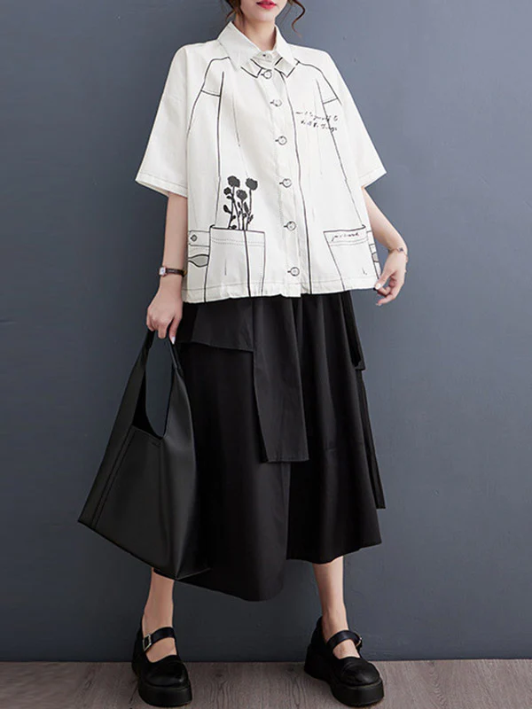 Loose Short Sleeves Buttoned Printed Lapel Blouses&Shirts Tops - Image 8