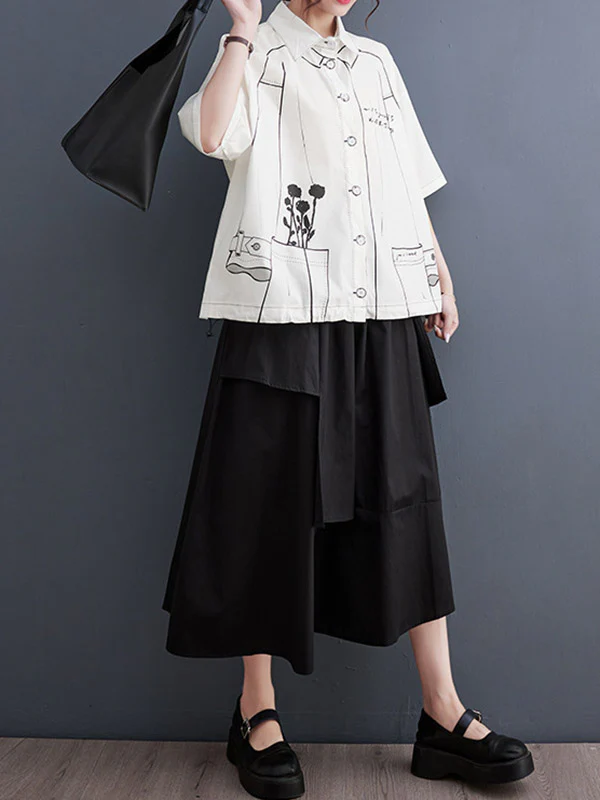 Loose Short Sleeves Buttoned Printed Lapel Blouses&Shirts Tops - Image 9