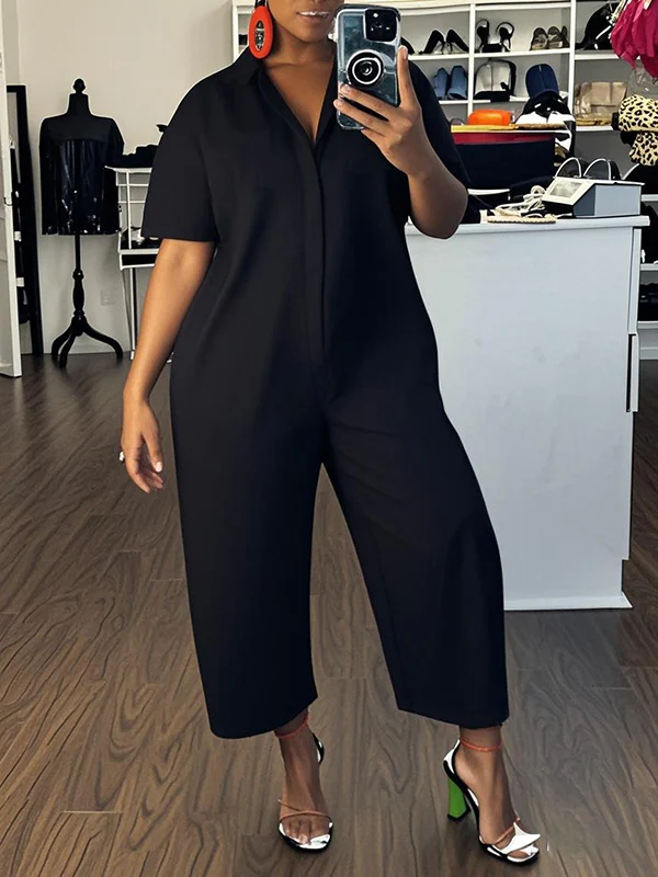 Loose Short Sleeves Buttoned Solid Color Lapel Jumpsuits - Image 2