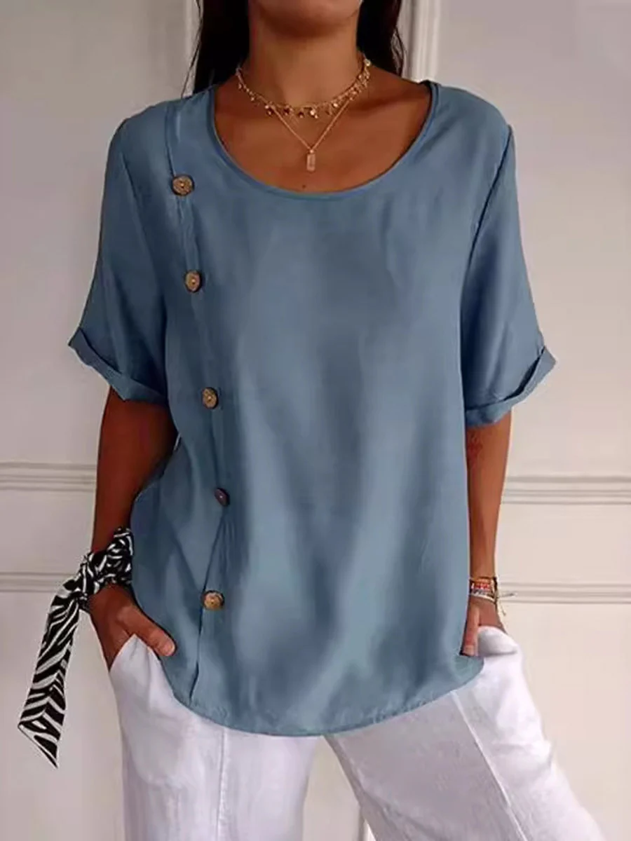 Loose Short Sleeves Buttoned Solid Color Split-Joint Round-Neck Blouses&Shirts Tops - Image 2