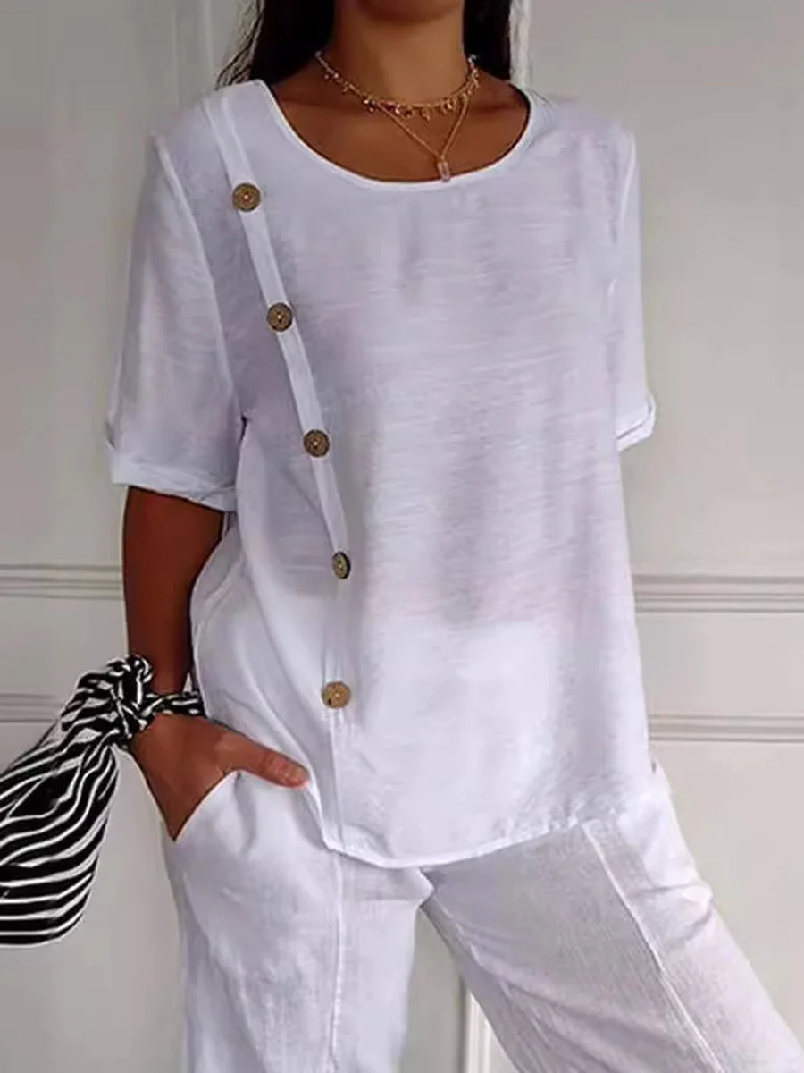 Loose Short Sleeves Buttoned Solid Color Split-Joint Round-Neck Blouses&Shirts Tops - Image 3