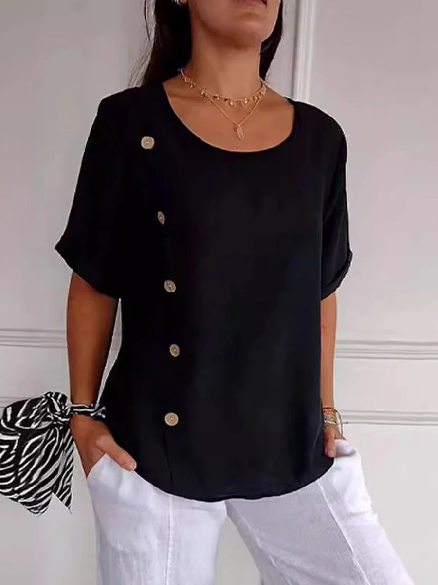 Loose Short Sleeves Buttoned Solid Color Split-Joint Round-Neck Blouses&Shirts Tops - Image 4