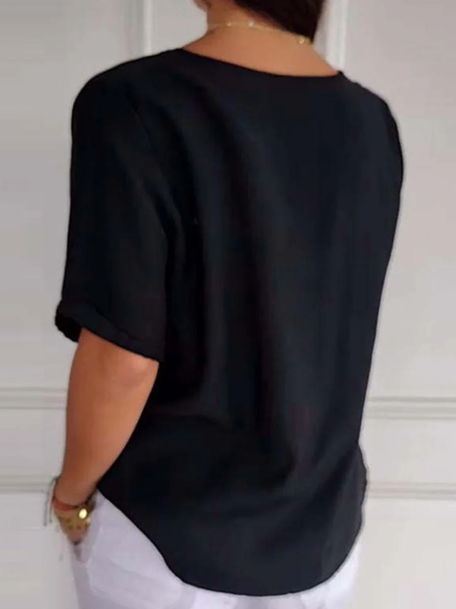 Loose Short Sleeves Buttoned Solid Color Split-Joint Round-Neck Blouses&Shirts Tops - Image 5
