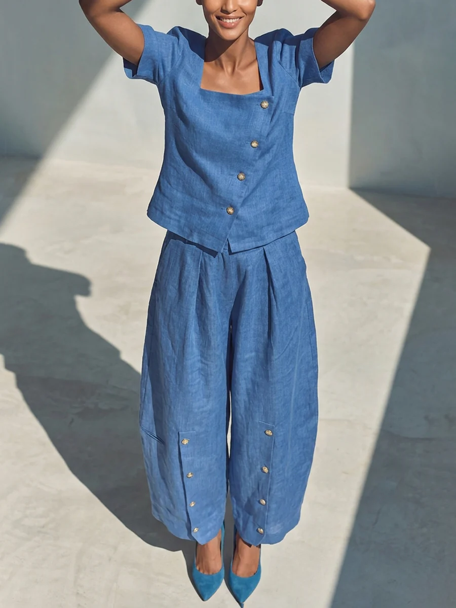 Loose Short Sleeves Buttoned Solid Color Square-Neck Blouses&Shirts Tops - Image 11
