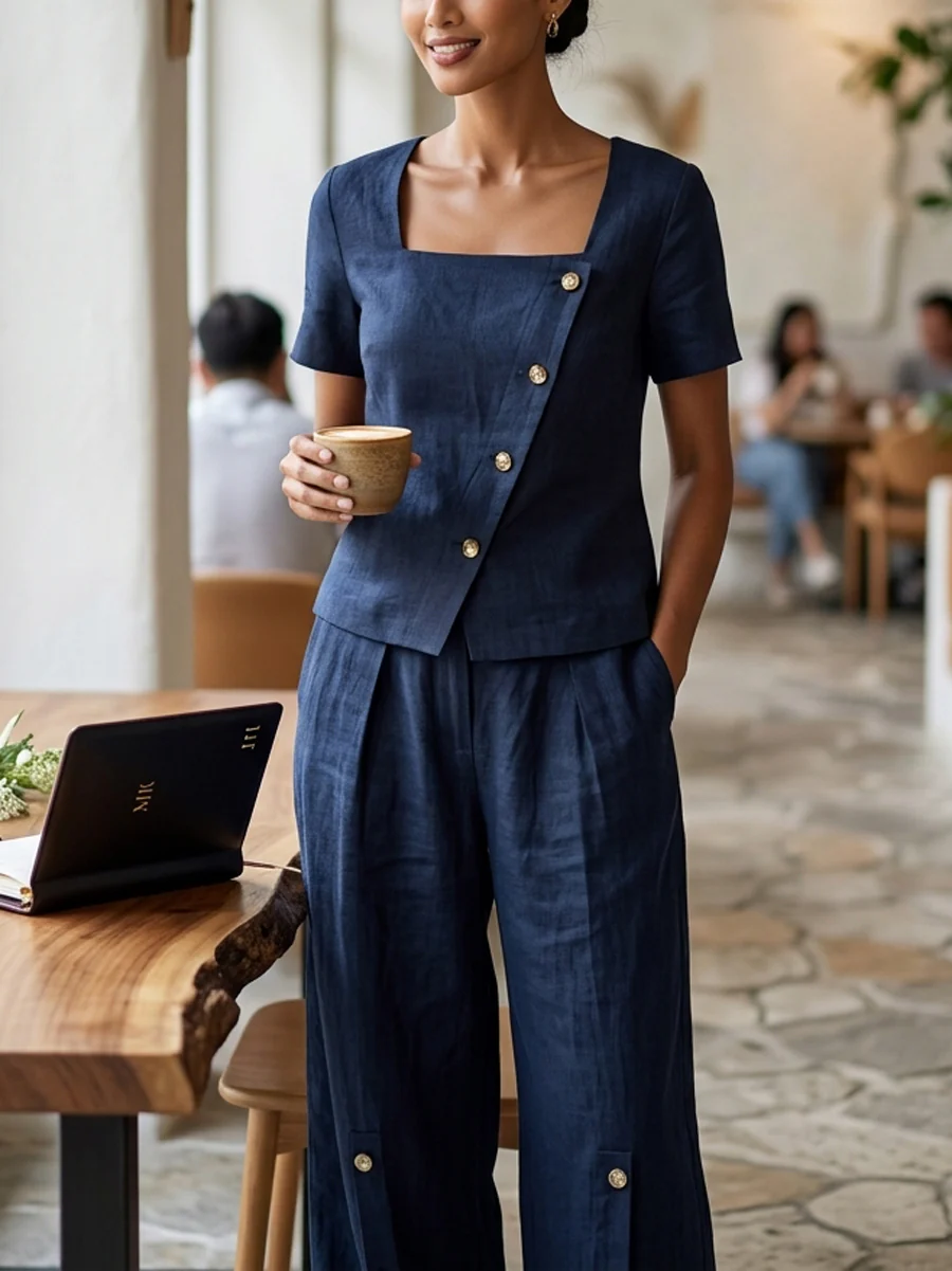 Loose Short Sleeves Buttoned Solid Color Square-Neck Blouses&Shirts Tops - Image 14