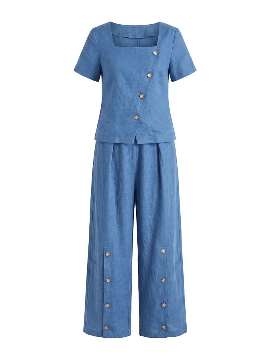 Loose Short Sleeves Buttoned Solid Color Square-Neck Blouses&Shirts Tops - Image 15