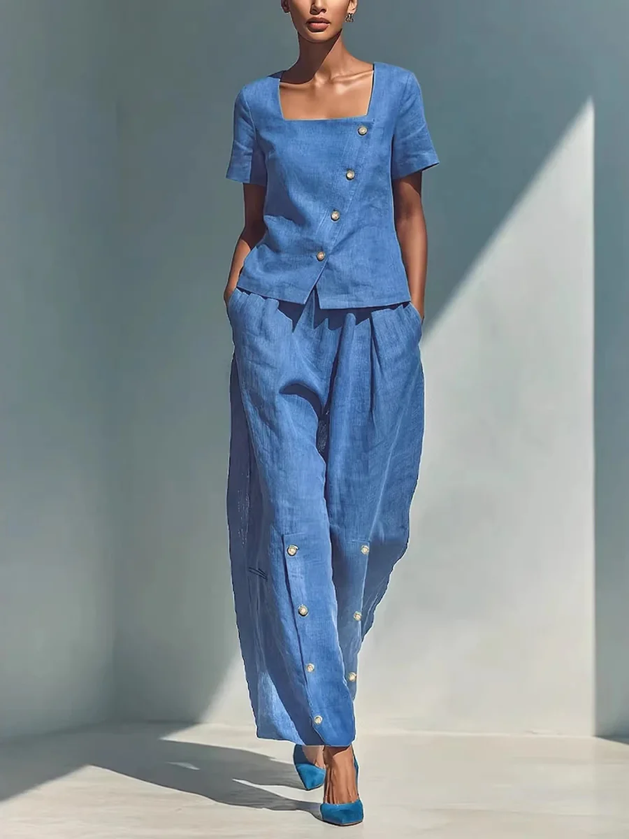 Loose Short Sleeves Buttoned Solid Color Square-Neck Blouses&Shirts Tops - Image 2