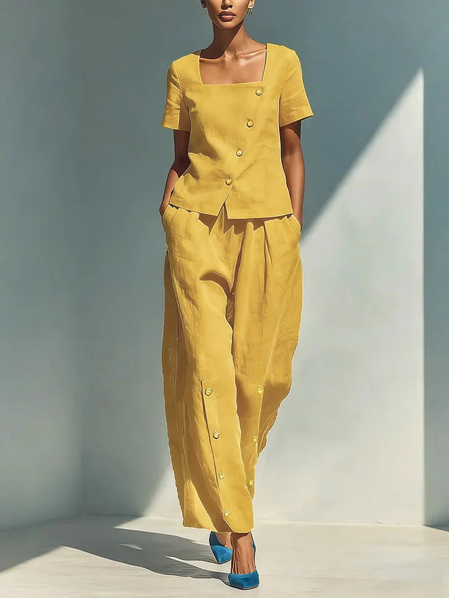 Loose Short Sleeves Buttoned Solid Color Square-Neck Blouses&Shirts Tops - Image 3