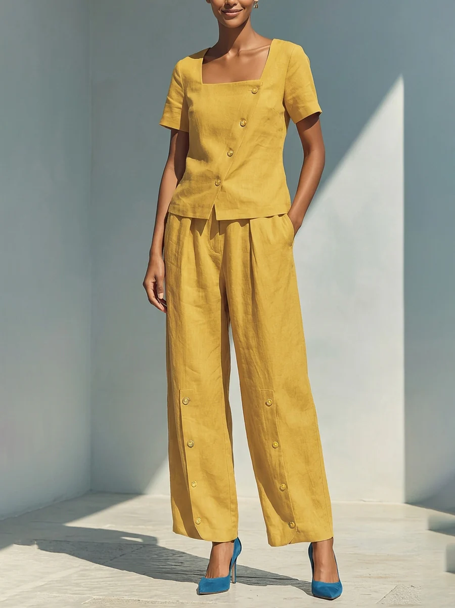 Loose Short Sleeves Buttoned Solid Color Square-Neck Blouses&Shirts Tops - Image 4