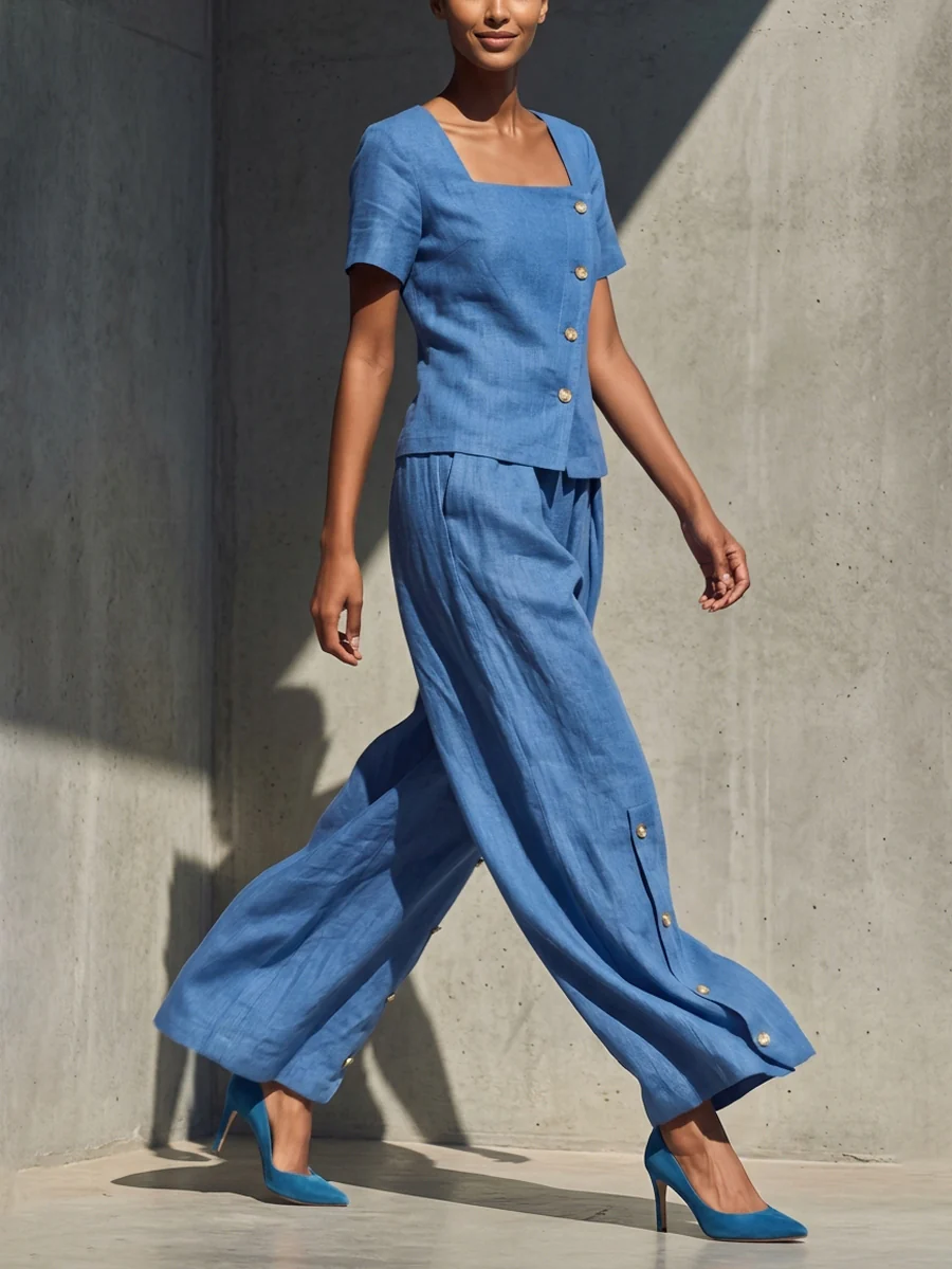 Loose Short Sleeves Buttoned Solid Color Square-Neck Blouses&Shirts Tops - Image 9