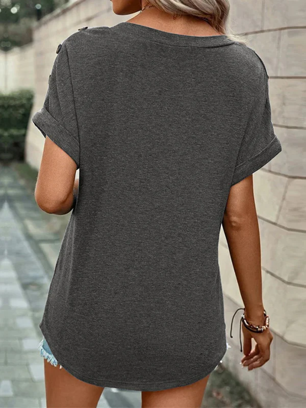 Loose Short Sleeves Buttoned Solid Color V-Neck T-Shirts Tops - Image 13
