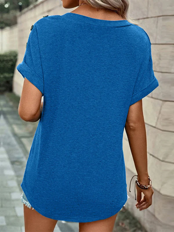 Loose Short Sleeves Buttoned Solid Color V-Neck T-Shirts Tops - Image 14