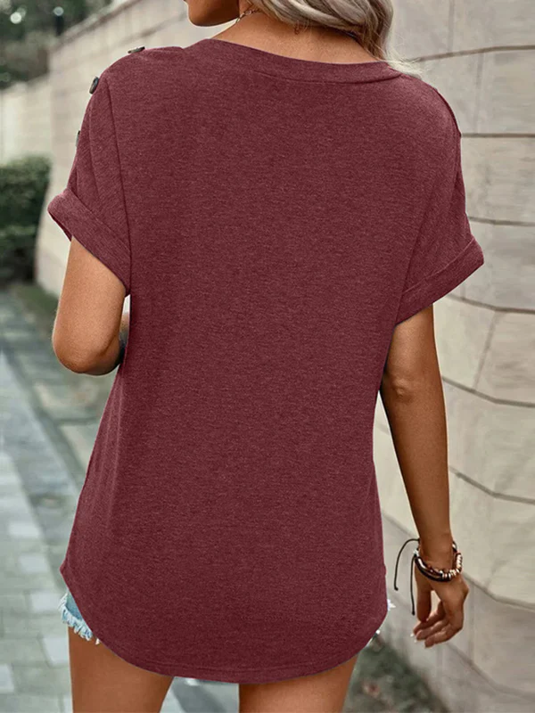 Loose Short Sleeves Buttoned Solid Color V-Neck T-Shirts Tops - Image 15