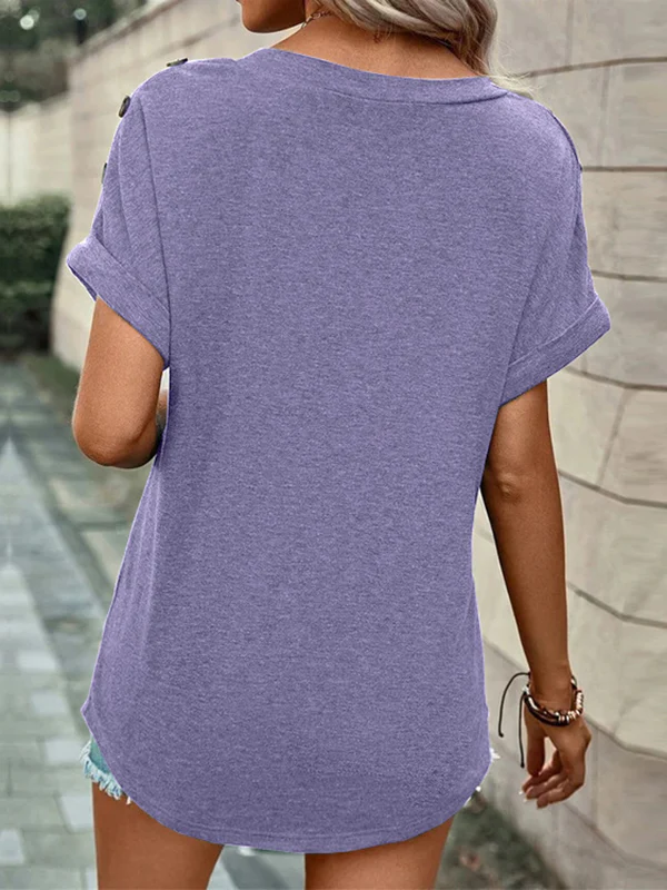 Loose Short Sleeves Buttoned Solid Color V-Neck T-Shirts Tops - Image 16