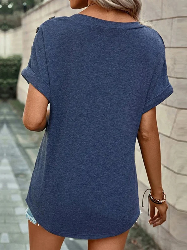Loose Short Sleeves Buttoned Solid Color V-Neck T-Shirts Tops - Image 17