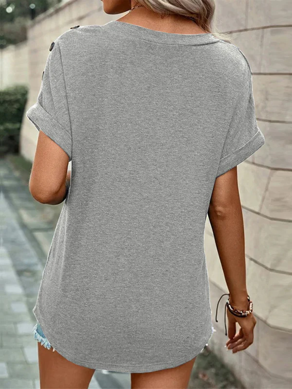 Loose Short Sleeves Buttoned Solid Color V-Neck T-Shirts Tops - Image 18